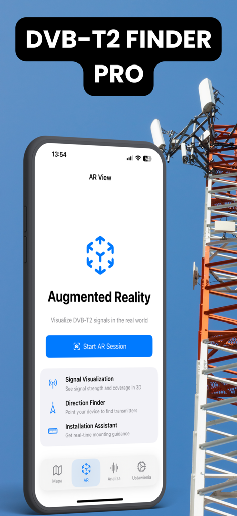 放送塔の隣にあるテレビ信号を視覚化し、送信機の方向を見つけるための拡張現実機能を備えたDVB-T2 Finder Proアプリ画面