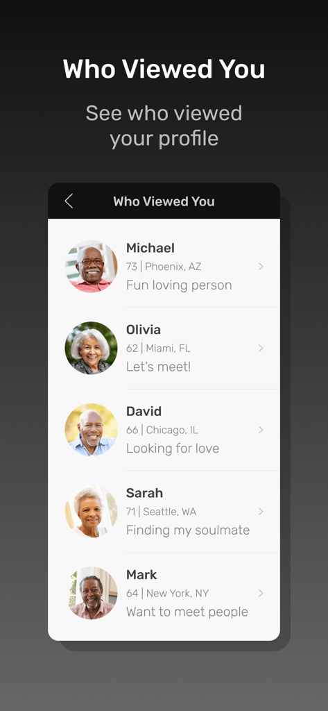 Black Senior Personals App - Black Senior Personals app Who Viewed You screen featuring mature singles