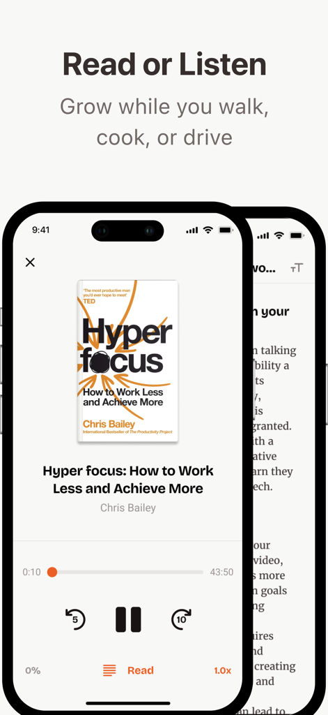 Wisely: Books in 15 Minutes - Interface de l'application mobile Wisely présentant un lecteur audio et un lecteur de texte pour un résumé du livre Hyperfocus de Chris Bailey