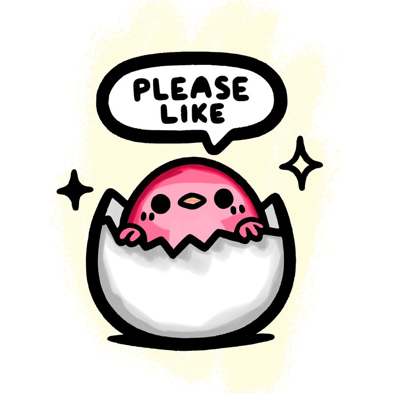 a tiny egg with a tiny bird looking out the top wich is cracked and the bird is saying please like