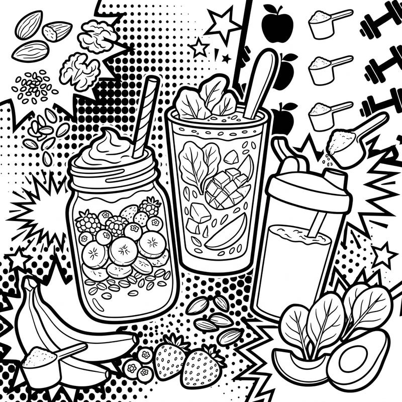Dive into a world of healthy energy and vibrant Pop Art with this unique coloring template. Featuring delicious protein smoothies surrounded by wholesome ingredients, it's a perfect blend of creativity and wellness.