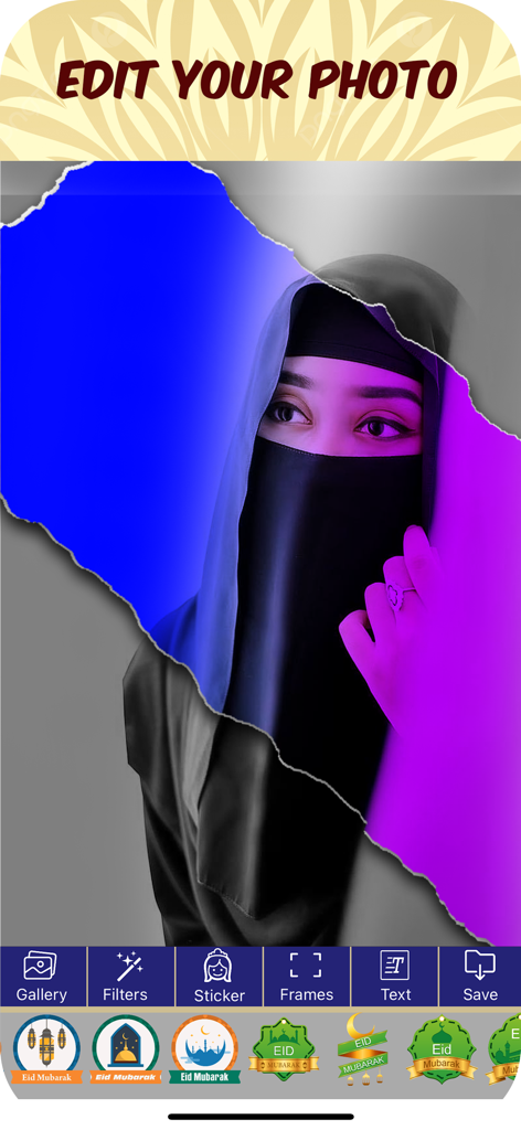 User interface of the Eid Mubarak 2026 app showing photo editing options and religious stickers