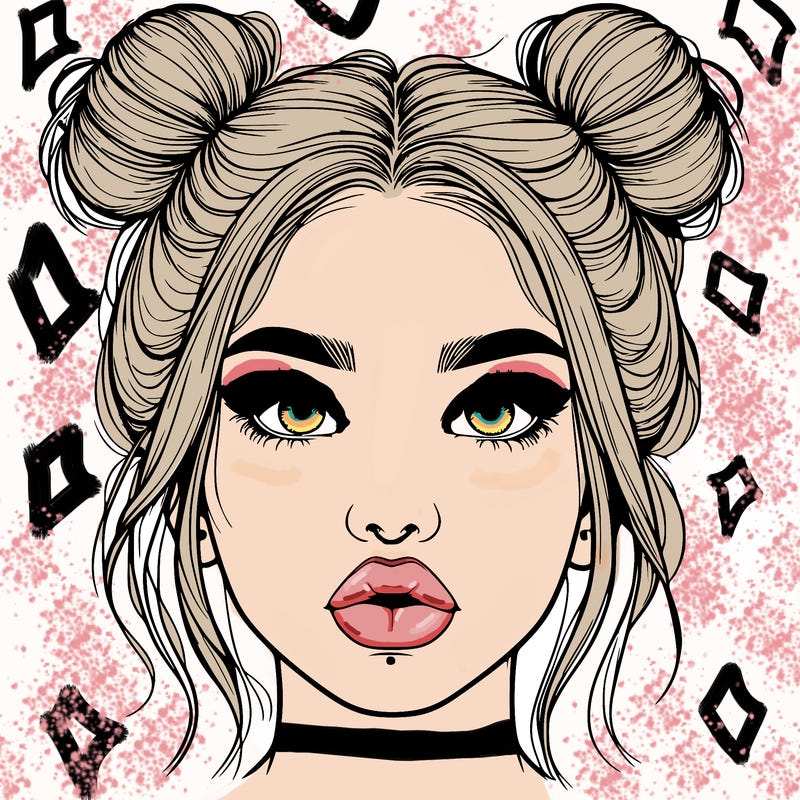 realistic girl with two buns on her hair and lips