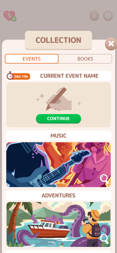 Cryptogramアプリのコレクション画面。音楽や冒険などのさまざまなテーマのパズルイベントが表示されています