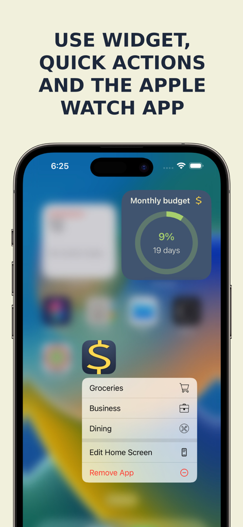 MoneyBe - Widget del budget dell'app MoneyBe e menu di azioni rapide per la registrazione rapida delle spese su un iPhone