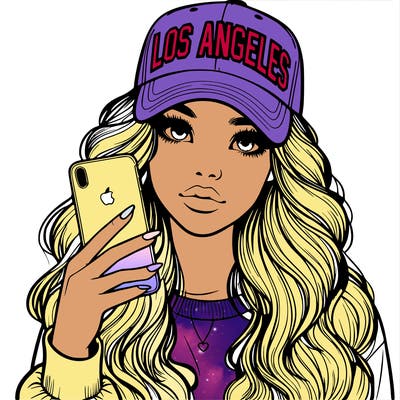 realistic beautiful girl wearing los ángeles cap holding an iphone