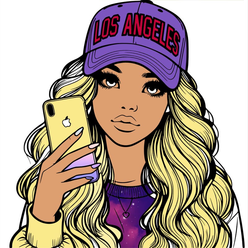 realistic beautiful girl wearing los ángeles cap holding an iphone