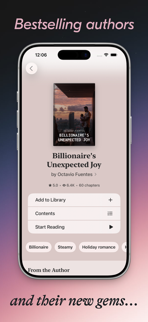 Novelia - Read Original Novels - Detail page of a billionaire romance novel on the Novelia app showing book cover and reading options.