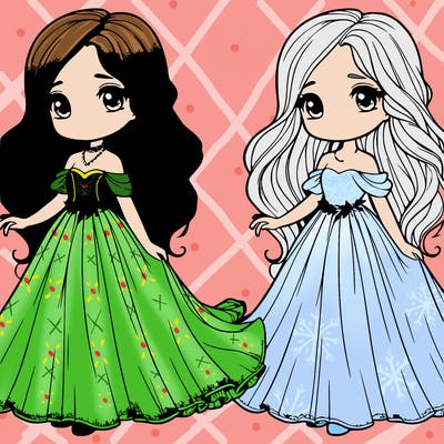 cute realistic girl in long flowing gown