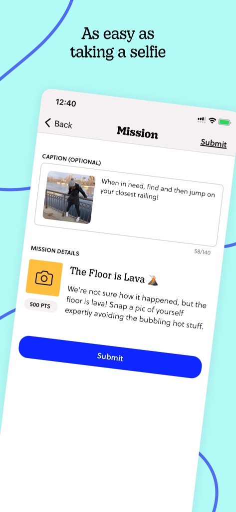 Goosechase mobile app screen showing a photo submission for a scavenger hunt mission called The Floor is Lava.