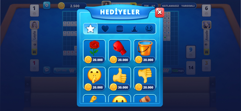 101 Okey Online HD Yüzbir - In-game gifts menu in 101 Okey Online HD showing virtual items like a rose and emojis available for purchase.