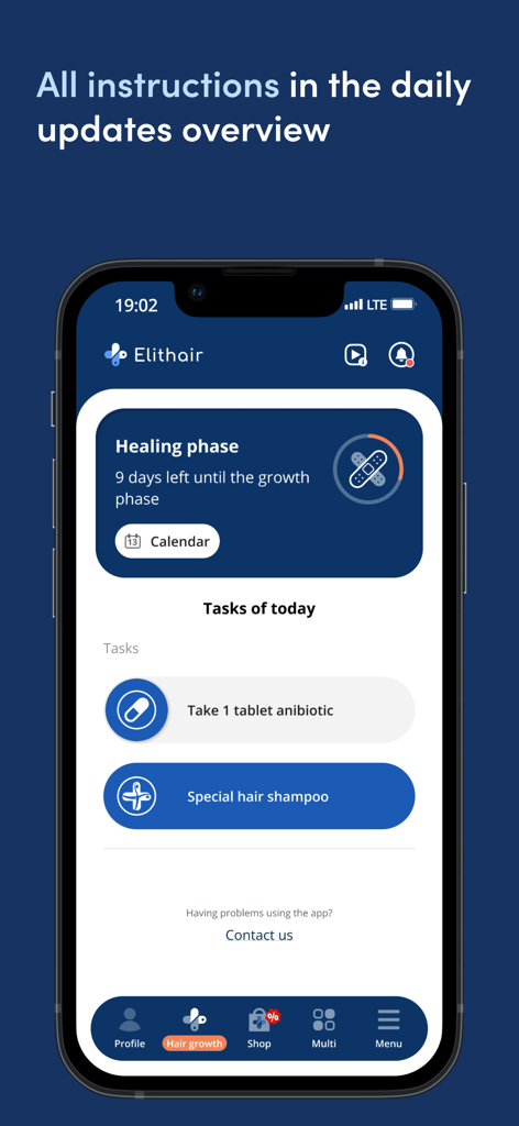 Elithair - Mobile app interface of Elithair showing daily post-operative tasks and a healing phase countdown.