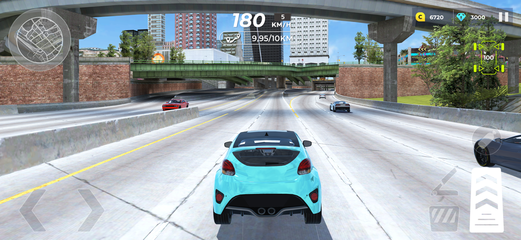 Gameplay screenshot showing a blue car racing on a city highway at high speed