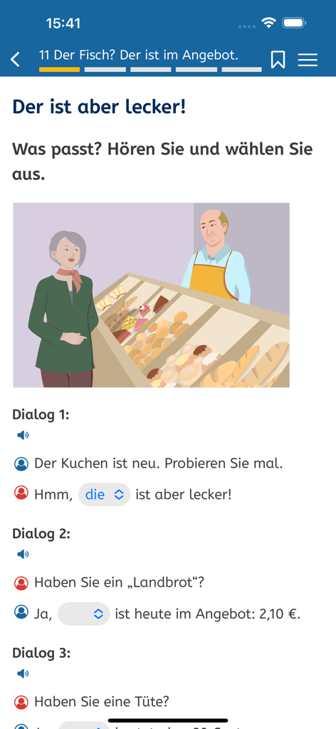 Übung zum Erlernen der deutschen Sprache in der A1-Deutsch-App mit einer Illustration einer Bäckerei und Hördialogen.