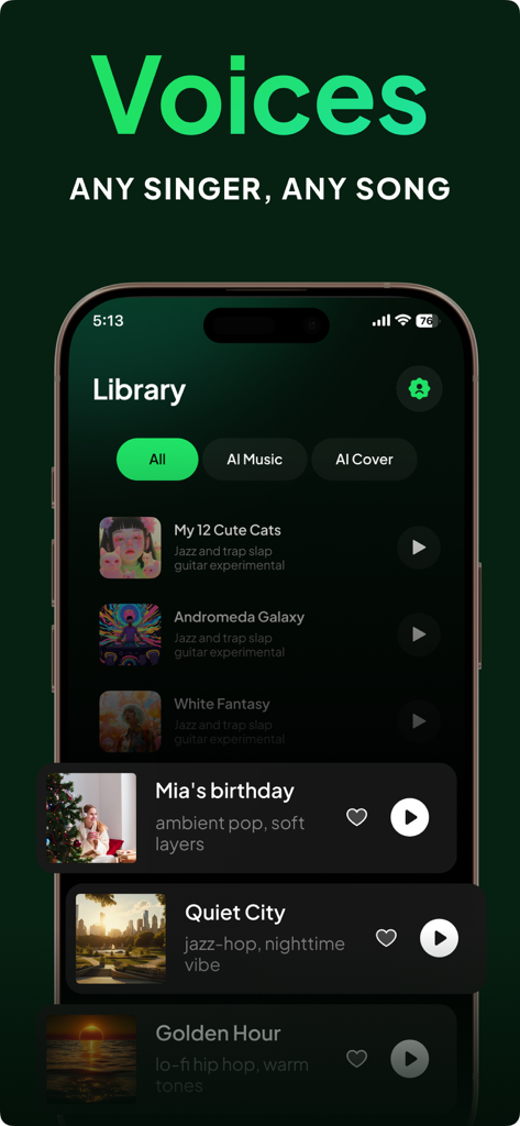 Songi - AI Music & Cover Maker - Interfaz de la biblioteca de música de IA de Songi que muestra una lista de pistas de música generadas por IA y categorías de género
