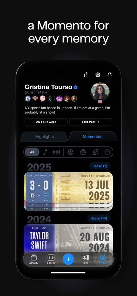 A user profile in the Momento app displaying digital ticket stubs for a sports match and a Taylor Swift concert