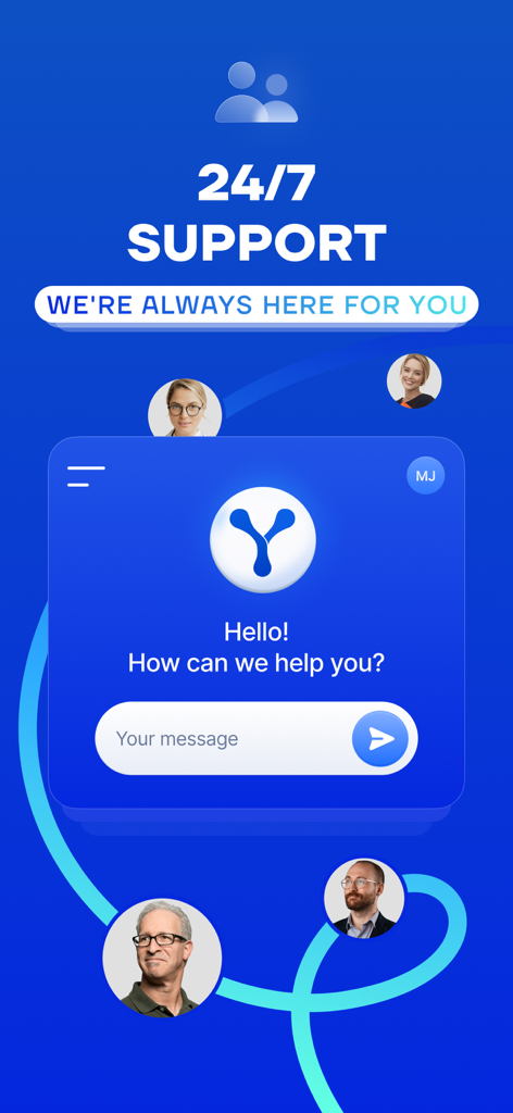 Captura de tela do aplicativo SplitVPN mostrando sua interface de chat de suporte ao cliente 24/7 com membros profissionais da equipe de suporte.