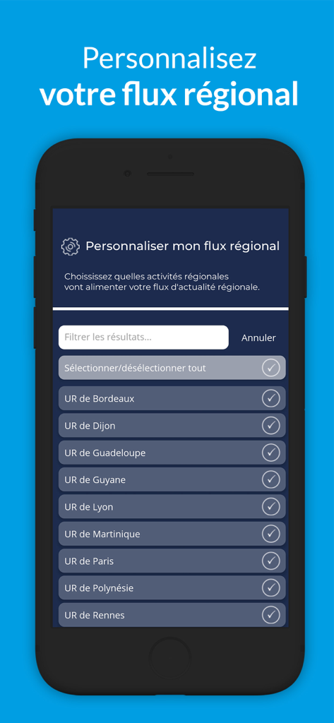 UFAP UNSa Justice - Interfaccia per la personalizzazione del feed di notizie regionali nell'app mobile UFAP UNSa Giustizia