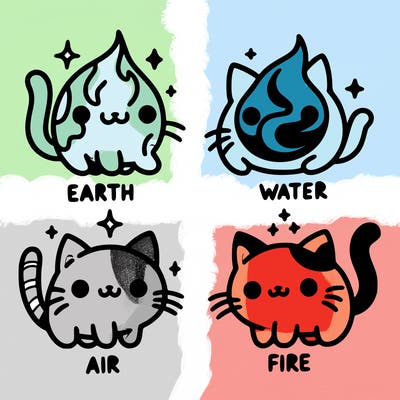 4 cats that represent the different elements, earth, water, air, and fire