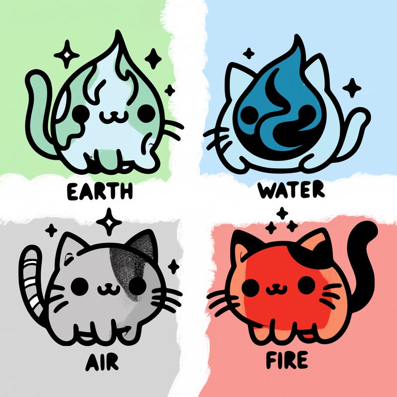 4 cats that represent the different elements, earth, water, air, and fire