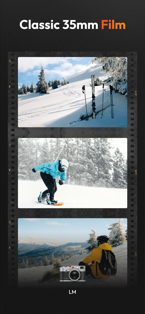 Interfaz de la aplicación de cámara vintage que muestra tres fotos de montañas nevadas en un marco de tira de película clásica de 35 mm