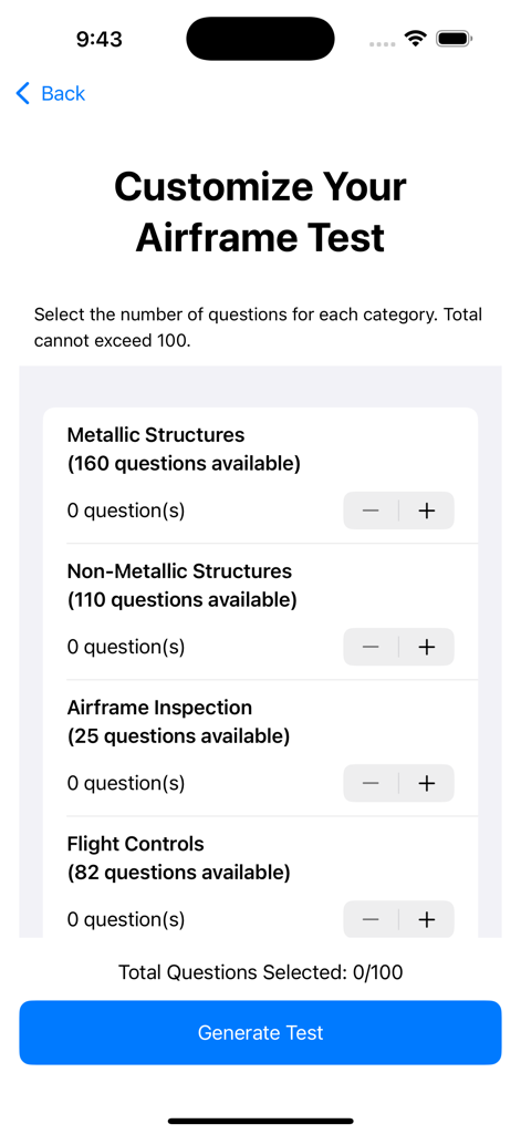 Prepare Aviation Maintenance - Prepare Aviation Maintenanceアプリの画面。金属構造や操縦翼面などのカテゴリを選択して、カスタム航空機関連の練習テストを生成できます。