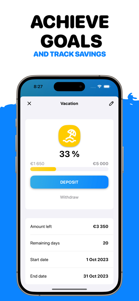 No Spend Tracker - Many - Many app interface showing progress towards a vacation savings goal