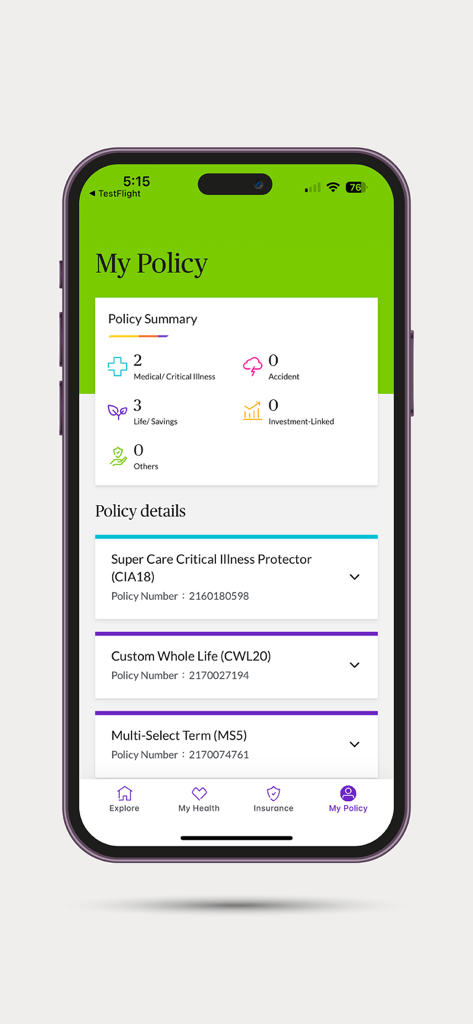 My Chubb Life - The My Policy screen of the My Chubb Life app displaying a summary of insurance plans and specific policy details.