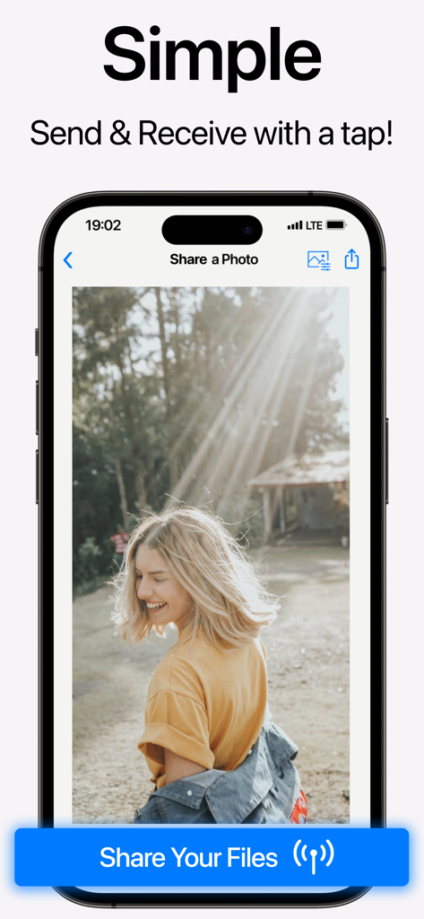 Air File Share app screenshot on an iPhone showing simple photo sharing and the message Send and Receive with a tap