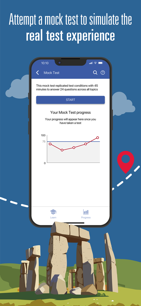 Interfaccia dell'app ufficiale del Test Life in the UK che mostra un pulsante di avvio per il test simulato e un grafico di monitoraggio dei progressi.