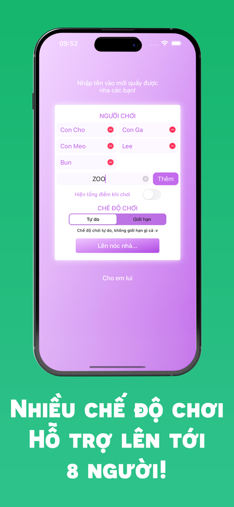 User interface for adding up to eight players and selecting game modes in the Ghi diem bai card scoring app