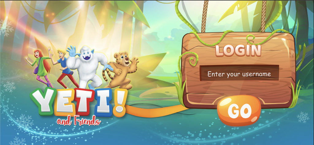 Yeti Primary 1 - Login screen for the Yeti and Friends educational app featuring cartoon characters and a jungle theme background.