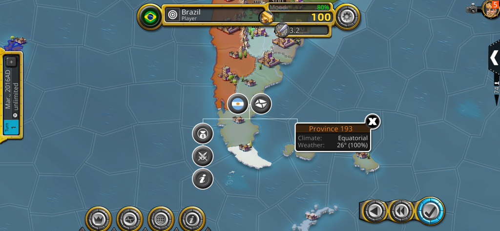 Gameplay de carte stratégique dans Age of Conquest IV montrant la gestion des provinces et des nations en Amérique du Sud.