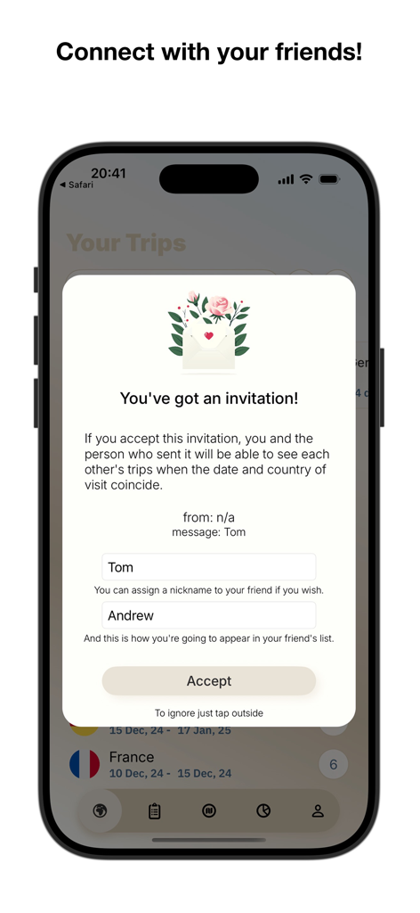 Schermata di uno smartphone che mostra un invito di un amico all'interno dell'app di tracciamento viaggi TraviGo per condividere i dettagli del viaggio.