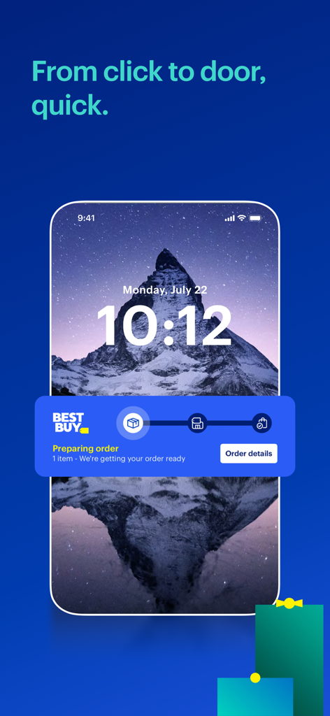 A smartphone displaying a Best Buy app notification for real-time order tracking and status.