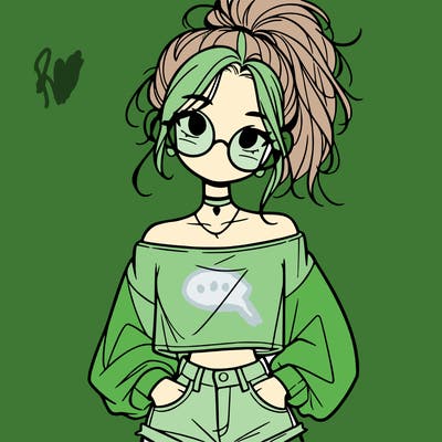 girl with a messy ponytail glasses a baggy crop top and jean shorts