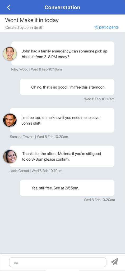 In-app chat screen showing employees coordinating shift coverage and swaps