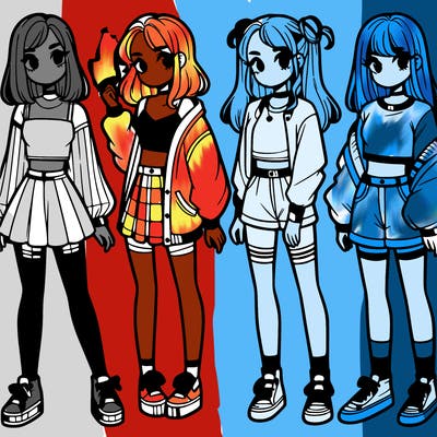 one girl with crop-top shirt and a jacket with a skirt, long socks and another girl with a shirt and pants with a jacket