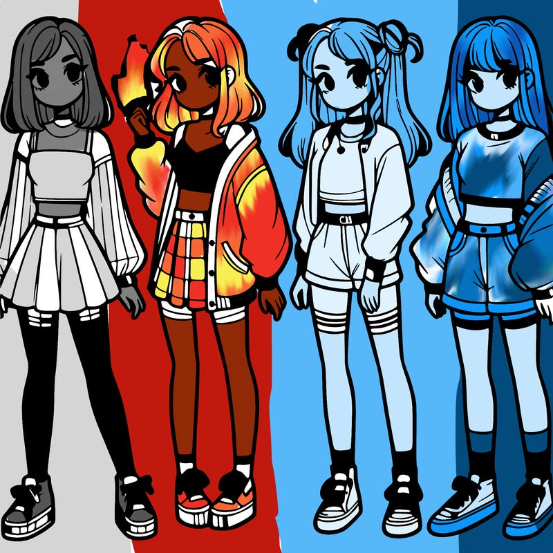 one girl with crop-top shirt and a jacket with a skirt, long socks and another girl with a shirt and pants with a jacket