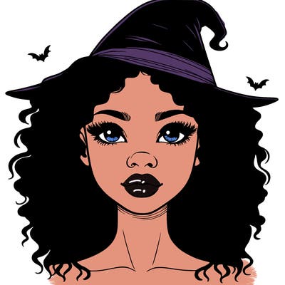 realistic black girl with wavy hair and witch hat and nose and lips