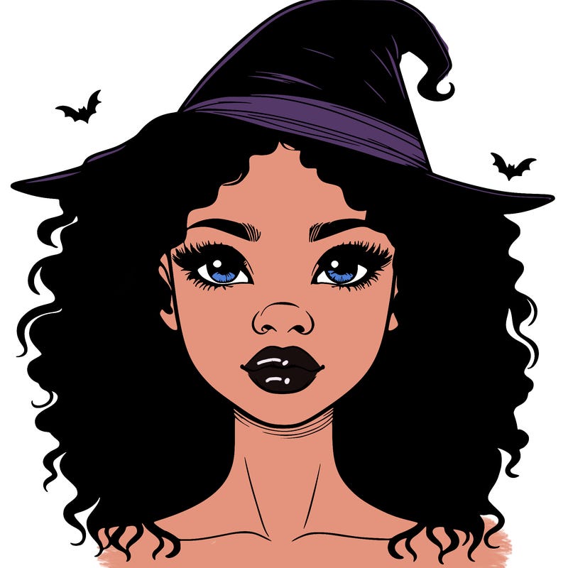 realistic black girl with wavy hair and witch hat and nose and lips