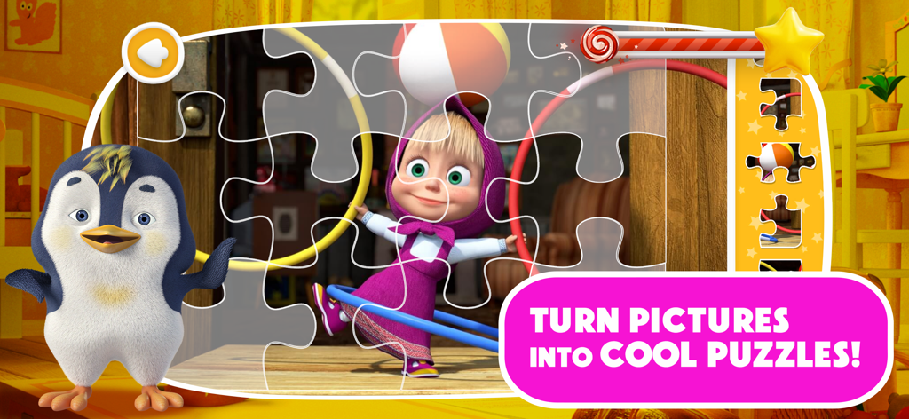 Masha and the Bear: Painting - フラフープを持ったマーシャが登場する、マーシャと熊のお絵かきアプリのデジタルパズルアクティビティ。