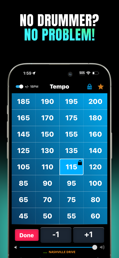 Drum Beats+ Rhythm Machine - Drum Beats plus app screen showing a grid of tempo buttons in BPM ranging from 45 to 200