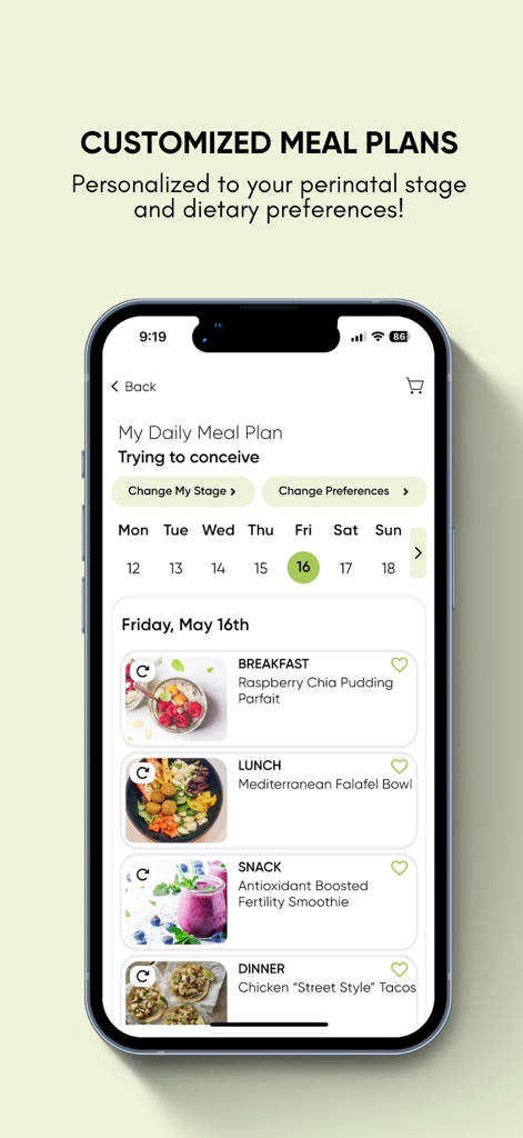 The Prenatal Nutrition Library - Daily meal plan interface in The Prenatal Nutrition Library app for women trying to conceive