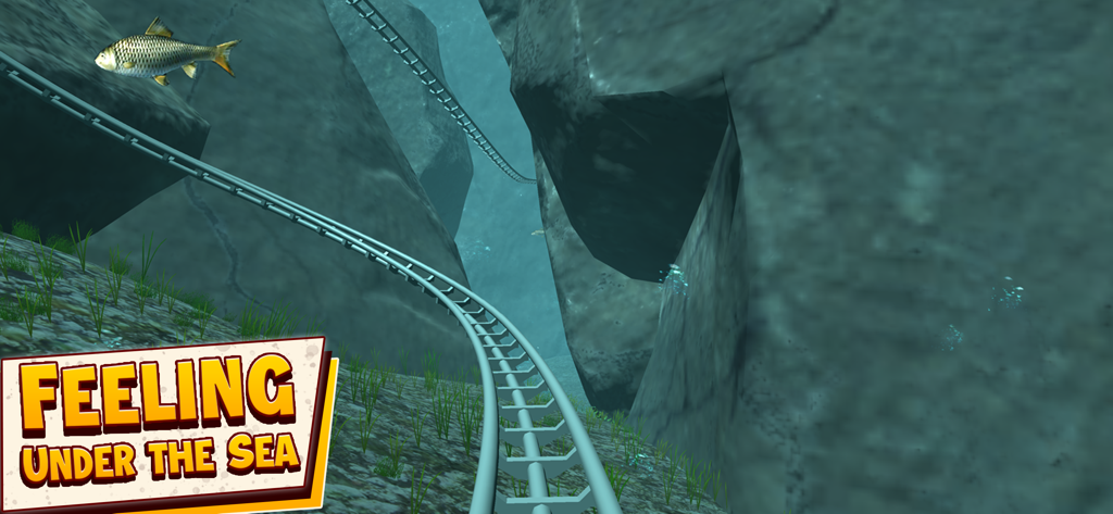 VR Roller Coaster Adventures - Eine virtuelle Achterbahnstrecke unter Wasser mit einem vorbeischwimmenden Fisch.