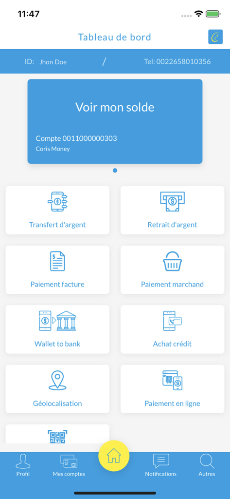 Coris Money V2 - Coris Money V2モバイルアプリのダッシュボード。送金、請求書払い、オンラインバンキングサービスを示すアイコンが表示されています。