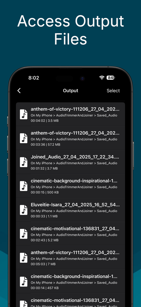 Audio Trimmer And Audio Joiner - Una pantalla que muestra una lista de archivos de audio procesados y guardados con sus nombres de archivo, duraciones y tamaños.