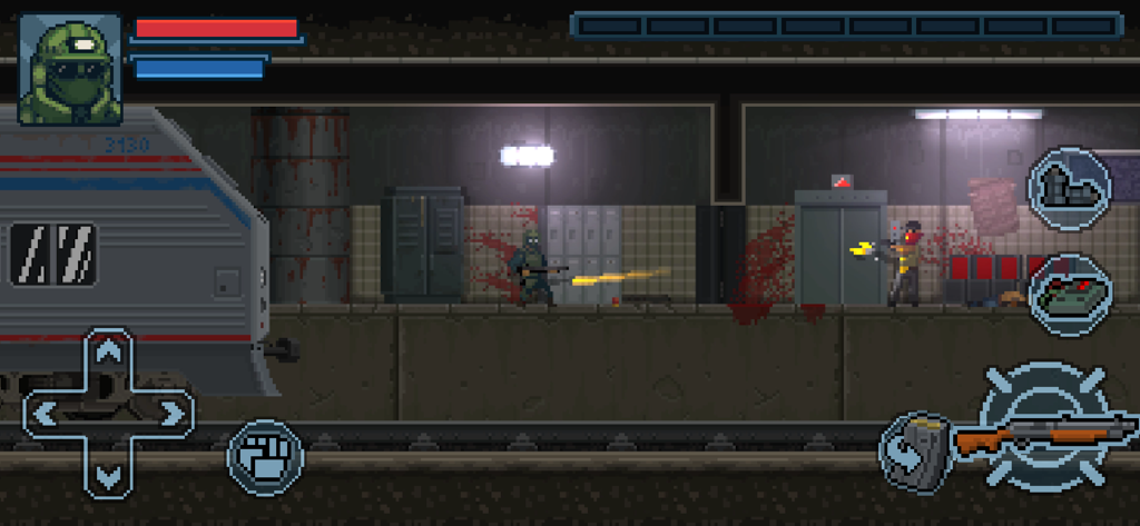 Door Kickers: Action Squad - Retro pixel art gameplay of a SWAT officer in a subway station shootout.