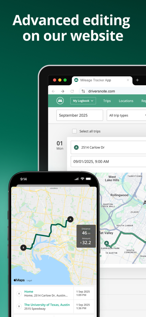 Mileage Tracker by Driversnote - Driversnote mileage tracker app and website showing synchronized trip logs and maps.