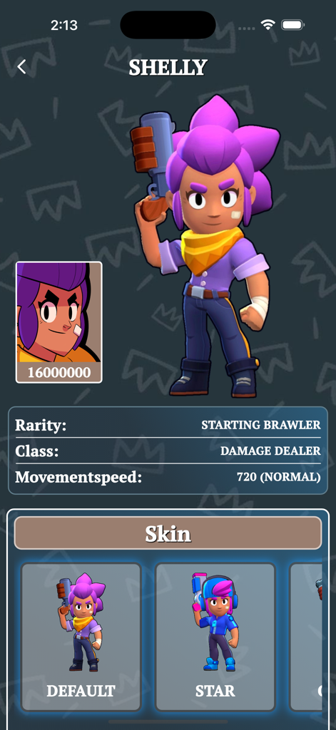 Brawlers Stats app displaying character attributes and skins for Shelly